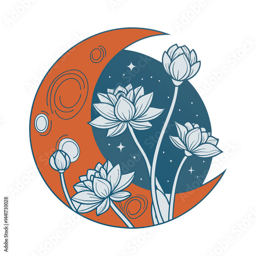 Moon cycle mandala with blooming lotuses