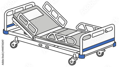 Vector illustration of a modern adjustable hospital bed equipped with rails and wheels, symbolizing healthcare support and patient comfort