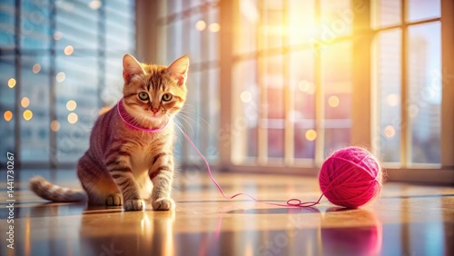 Adorable Kitten Yarn Play: Cute Cat Photography, Architectural Background, Pet Photo Shoot