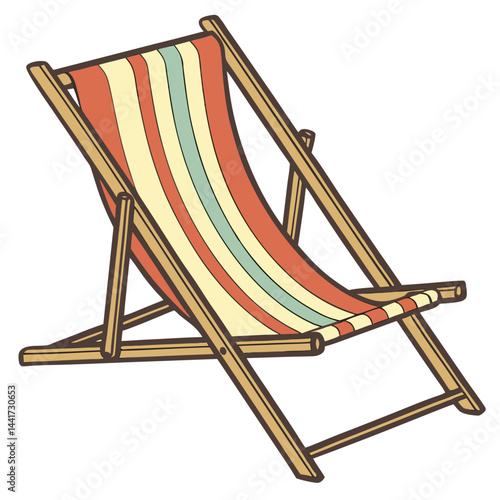 Illustration of a wooden framed deck chair with red yellow and blue stripes on the fabric seat