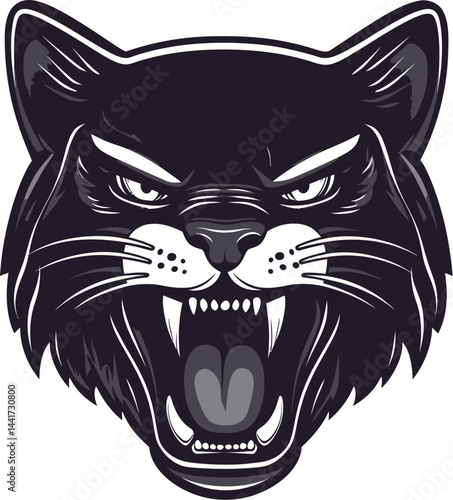 A wild black cat head vector illustration, reminiscent of a panther or tiger face, showcases fierce animal art