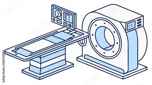 Isometric illustration of a ct scanner machine with a bed and monitor in a medical setting room