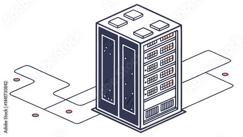 Isometric illustration of a tall server rack with multiple shelves and a dark blue front panel design