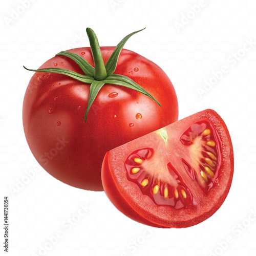 realistic 3d red tomato and slice isolated on  transparent background
