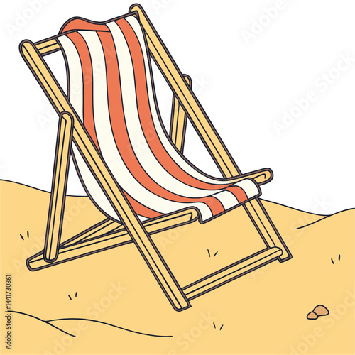 Illustration of a wooden beach chair with red and white stripes sitting on tan colored sand area