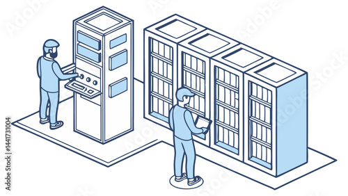 Isometric illustration depicting two workers in a server room with control panel and data storage units