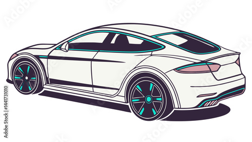 Illustration of a white sports car with teal accents viewed from the rear three quarter perspective