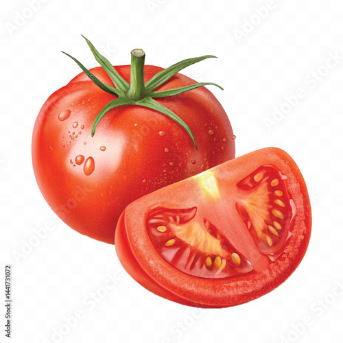 realistic 3d red tomato and slice isolated on  transparent background
