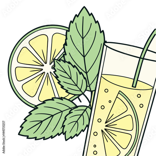 A refreshing glass of lemonade with lemon slice mint leaves and a straw for a summer refreshment