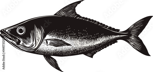 Isolated fresh sea animal, a silver mackerel with a visible fin and tail, lies horizontally on a white background, suggesting healthy seafood