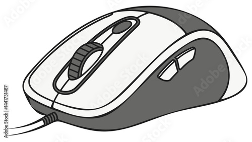 A computer mouse with a white top and gray sides featuring a scroll wheel and two side buttons design