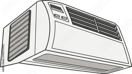 Illustration of a white window air conditioner unit with vents and control panel on a white backdrop