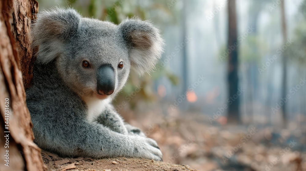 Naklejka premium Double exposure koala with burning jungle in tropical animal concept. A koala sitting on a tree in a forest setting, serene and calm.