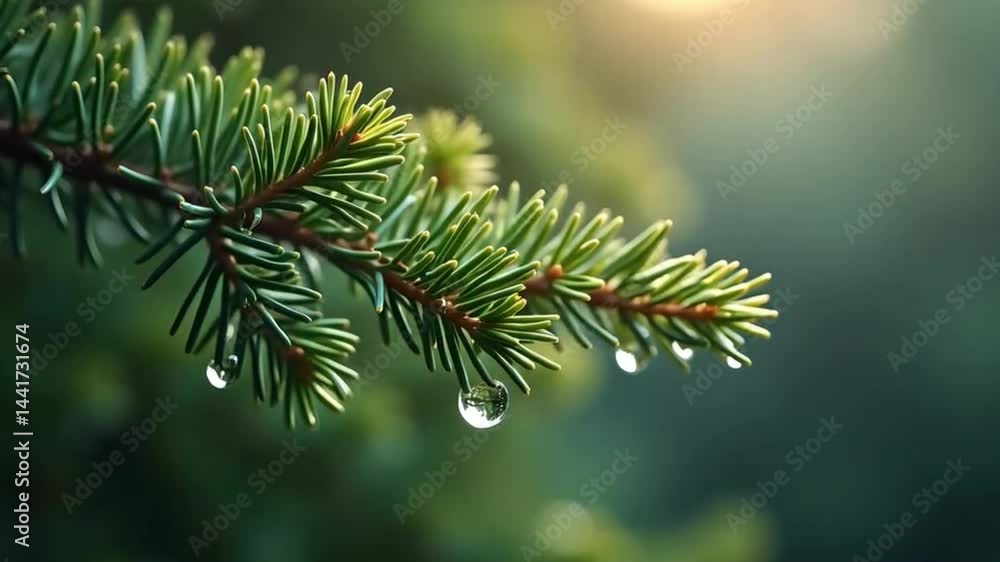 Macro shot of raindrops hanging from pine needles, capturing nature's delicate details Macro shot of raindrops hanging from pine needles, capturing nature's delicate details
