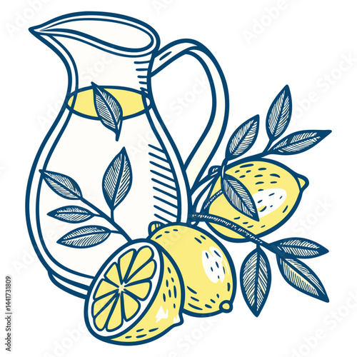 Illustration showing a pitcher filled with lemonade next to lemons and leaves on a white background