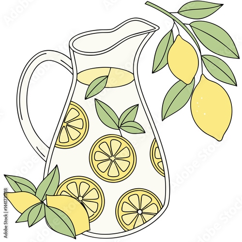 A pitcher of lemonade with lemon slice patterns and lemons on a branch with green leaves art