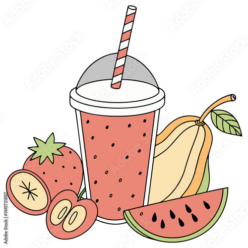 Illustration of a smoothie in a plastic cup with a straw and various fruits around the cup design