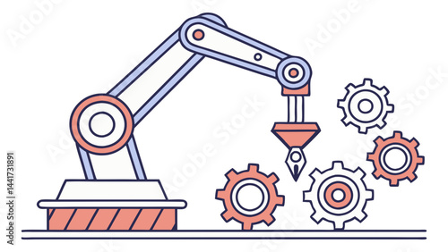 Illustration of a robotic arm with gears and a tool head, showcasing automation and manufacturing