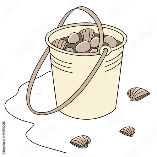 A bucket filled with seashells and rocks sitting on a white surface with some shells scattered around it