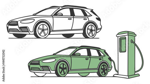 Illustration of electric car charging at station with outline version above the colored version