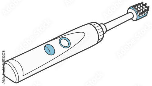 A white electric toothbrush with a blue brush head and two blue buttons on its handle displayed