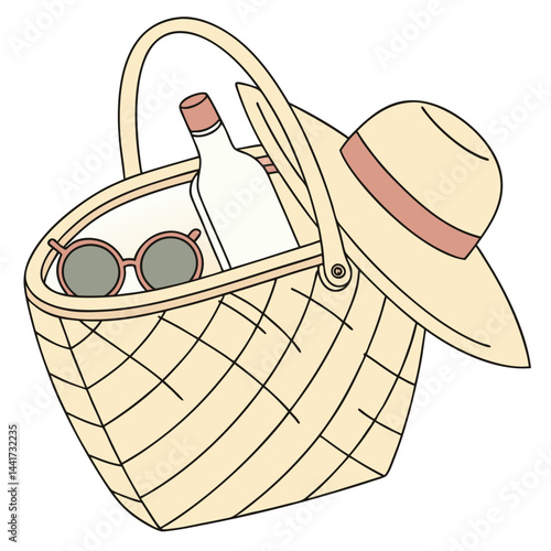 A picnic basket filled with a bottle of wine sunglasses and a hat ready for a summer day outing