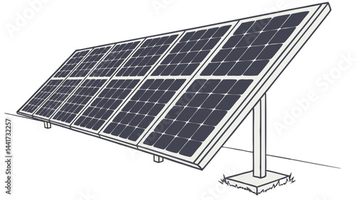Illustration of a solar panel array featuring multiple panels mounted on a frame outdoors on the ground