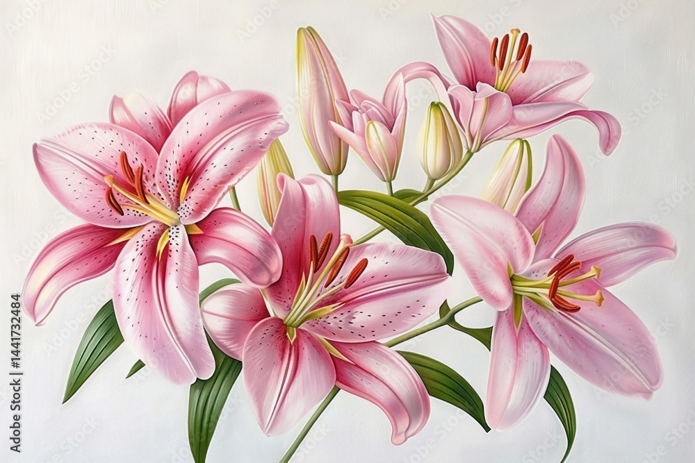 Fototapeta premium blooming cluster of pink lilies with green leaves and unopened buds on a white background evoking freshness and natural beauty