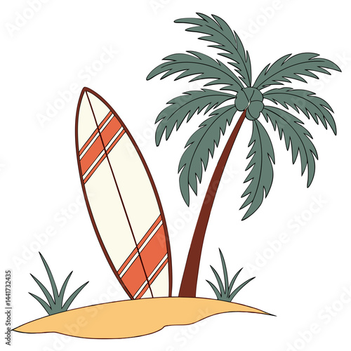 A cartoon depiction of a surfboard leaning against a palm tree on a sandy beach with grass tufts