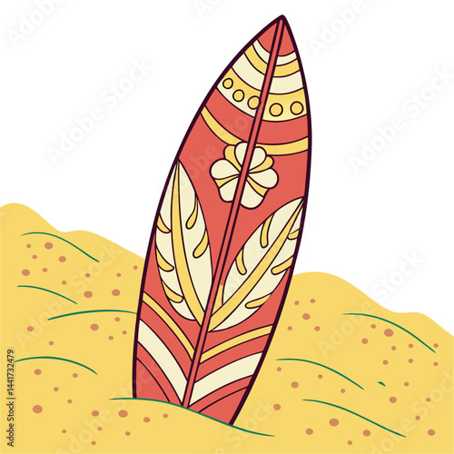 A surfboard with floral and leaf patterns stands upright in the sand on a sunny beach vacation day