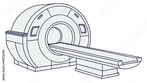 A detailed illustration of an mri machine with a patient table extending from the circular opening present