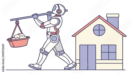 A robot carrying a bucket of fluffy items on a pole walking past a house with a chimney and a door