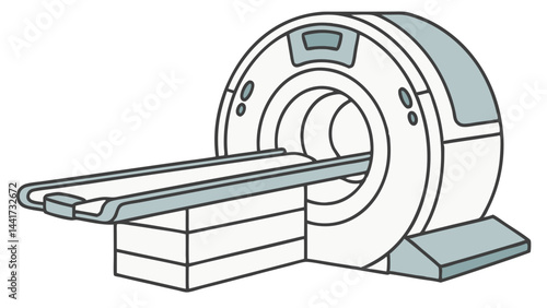 Illustration of a ct scanner machine with a patient table extending through the central opening of it