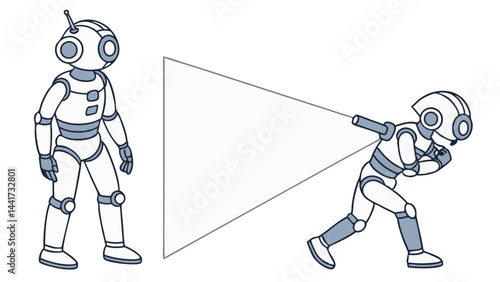Two humanoid robots one standing and one pulling a triangle with a rope in a white background