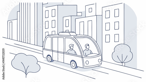 A self driving shuttle with passengers in a city street with buildings and a tree illustration