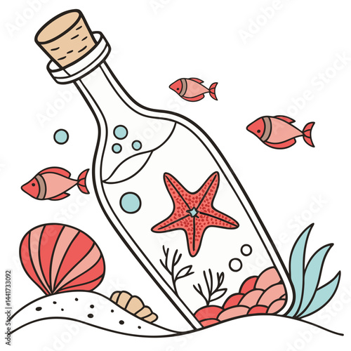 Illustration of a bottle with a cork containing a starfish, seaweed, and shells on a sandy bottom