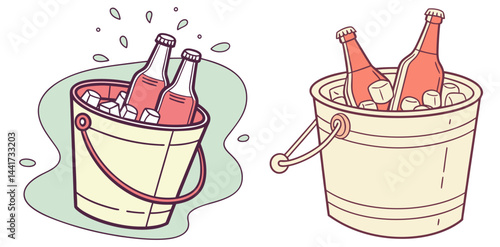 Two buckets filled with ice and bottles of liquid cooling down ready to be served and enjoyed later
