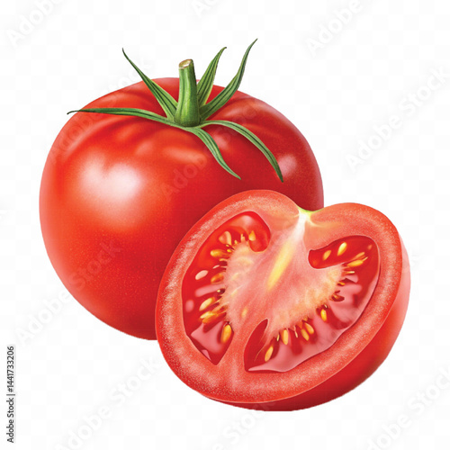 realistic 3d red tomato and slice isolated on  transparent background