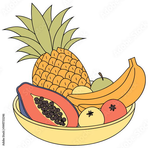 Illustration of a bowl filled with various fruits including a pineapple banana and a halved papaya fruit