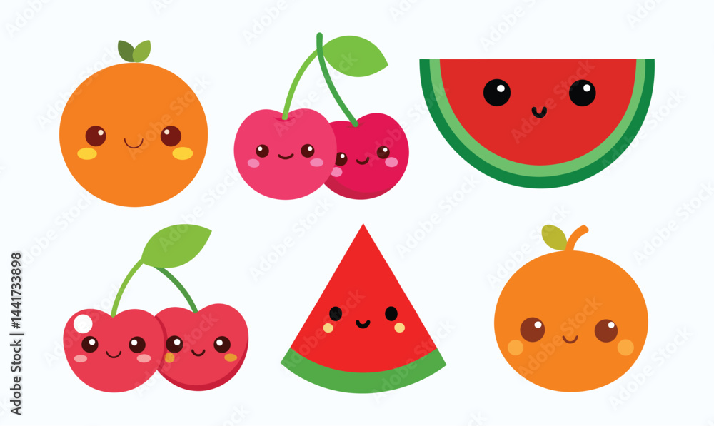 Fruit vector set featuring cherry pair, orange, and watermelon with smiling faces on soft background Fruit vector set featuring cherry pair, orange, and watermelon with smiling faces on soft background