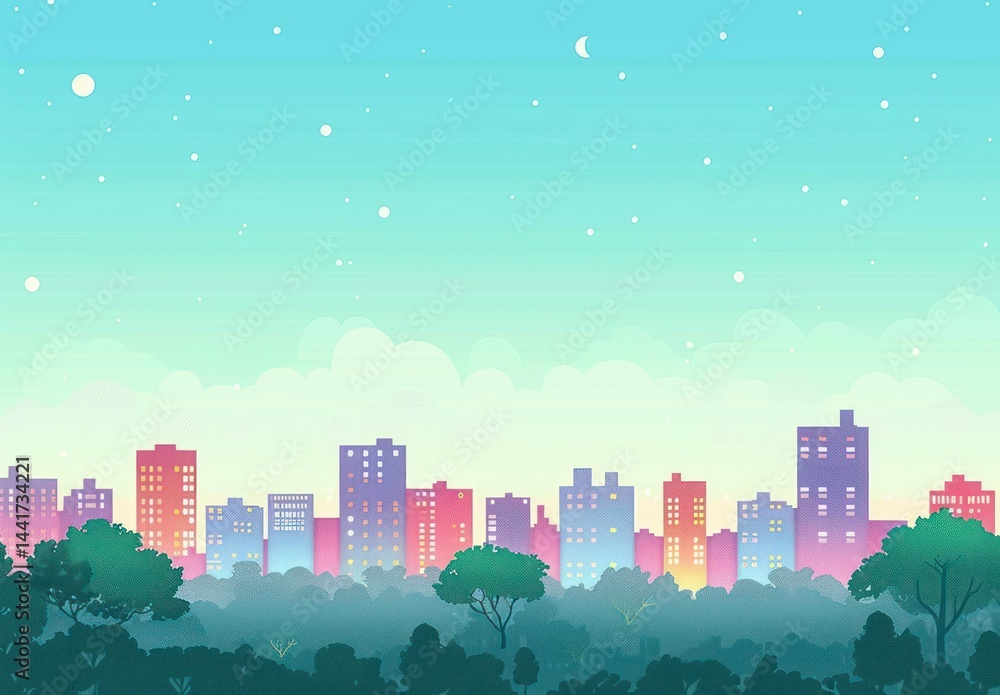 Fototapeta premium colorful city skyline with tall buildings behind dense green trees under a dreamy sky with stars and soft clouds conveying calm and peaceful atmosphere