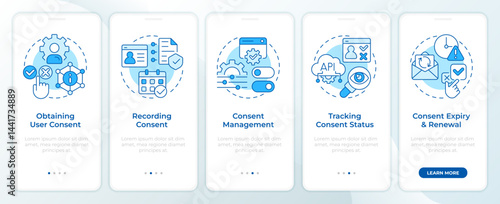 Consent lifecycle management blue onboarding mobile app screen. Data. Walkthrough 5 steps editable graphic instructions with linear concepts. UI, UX, GUI. Montserrat SemiBold, Regular fonts used