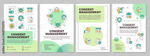 Consent management green circle brochure layout. System allowing to determine user data. Leaflet advertising design with color line icons. Editable 4 pages. Arial-Bold, Myriad Pro-Regular fonts used