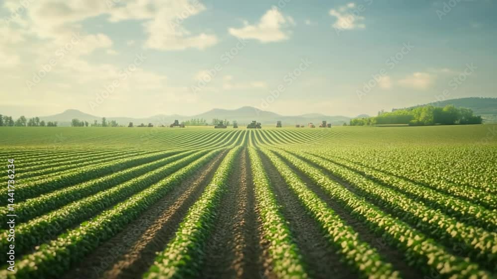 Scenic Farm Landscape: Rows of Crops Leading to Distant Mountains and Tractors Scenic Farm Landscape: Rows of Crops Leading to Distant Mountains and Tractors