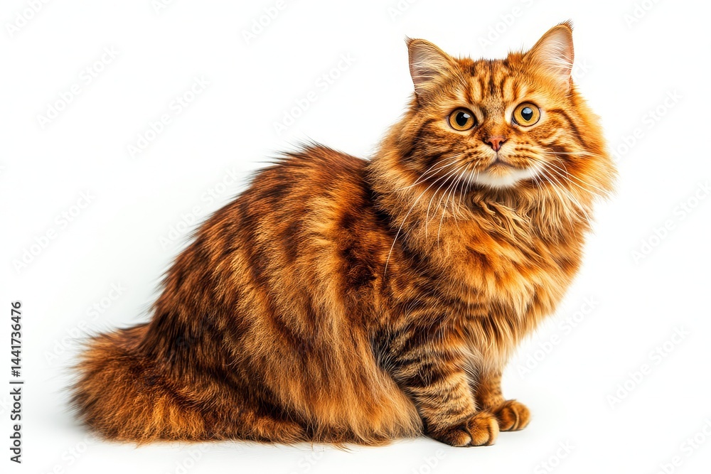 Obraz premium Siberian cat in full-body pose sitting on white background, fluffy domestic feline with thick fur and calm expression, isolated for pet-themed designs