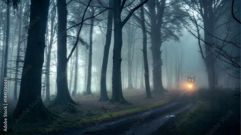 Fototapeta premium Eerie Encounter in the Foggy Forest A Haunting Presence on the Road