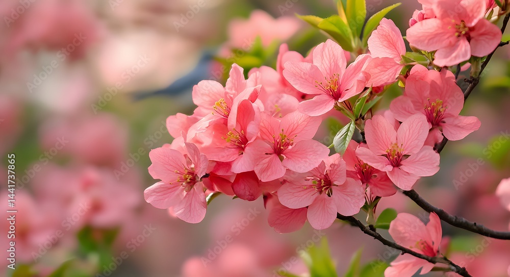Obraz premium close-up of the beautiful spring flowers in full bloom, with pink and red blossoms and green leaves, creating an enchanting scene
