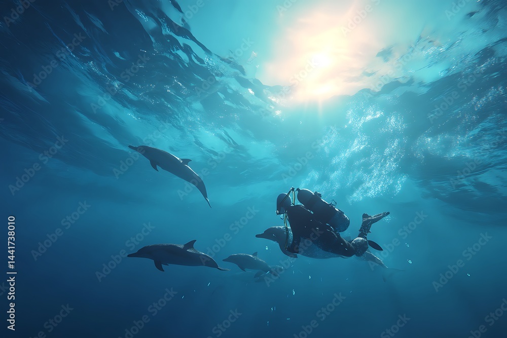 A scuba diver floating alongside playful dolphins near the surface, dynamic yet peaceful moment with tropical light. A scuba diver floating alongside playful dolphins near the surface, dynamic yet peaceful moment with tropical light.
