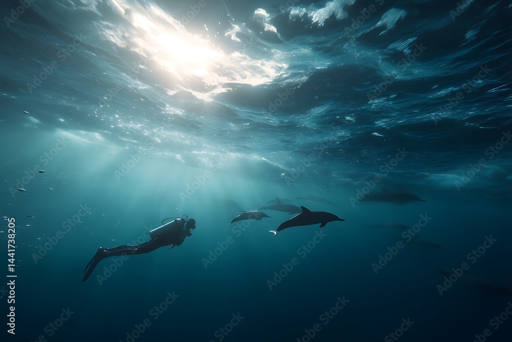 Fototapeta premium A scuba diver floating alongside playful dolphins near the surface, dynamic yet peaceful moment with tropical light.