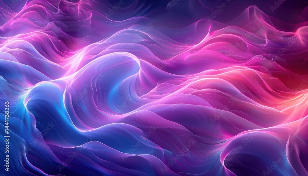 Abstract flowing waves of translucent fabric or liquid in shades of purple, pink, and blue creating a smooth, ethereal, and calming atmosphere Abstract flowing waves of translucent fabric or liquid in shades of purple, pink, and blue creating a smooth, ethereal, and calming atmosphere